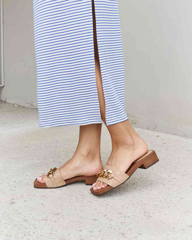 Forever Link Square Toe Chain Detail Clog Sandal in Tan