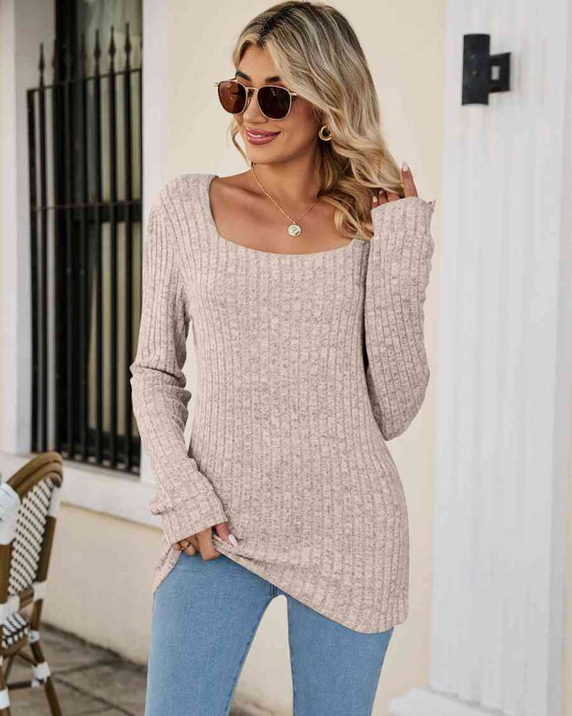 Square Neck Ribbed Long Sleeve T-Shirt