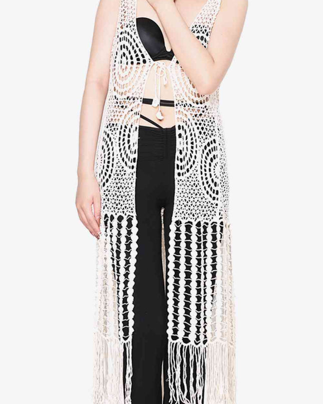 Tie Front Fringe Hem Sleeveless Cover Up