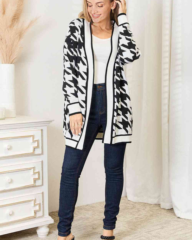 Woven Right Houndstooth Open Front Longline Cardigan