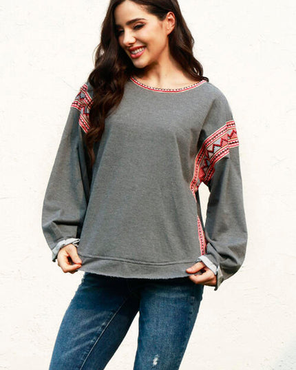 Geometric Round Neck Long Sleeve T-Shirt
