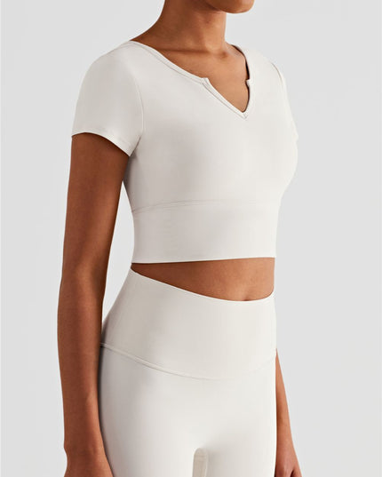 Notched Neck Short Sleeve Cropped Sports Top