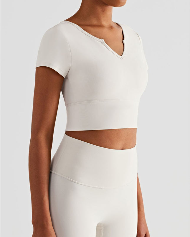 Notched Neck Short Sleeve Cropped Sports Top