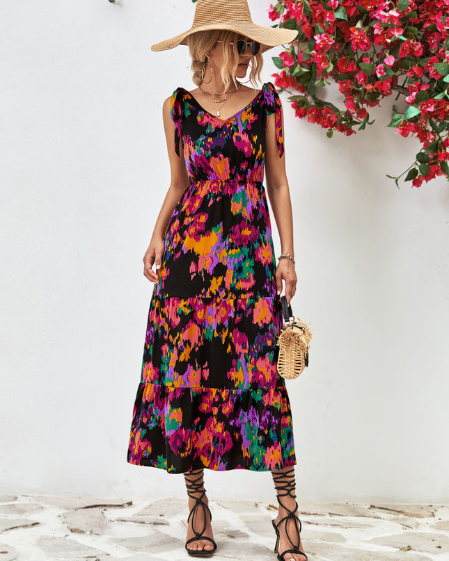 Multicolored V-Neck Backless Midi Dress