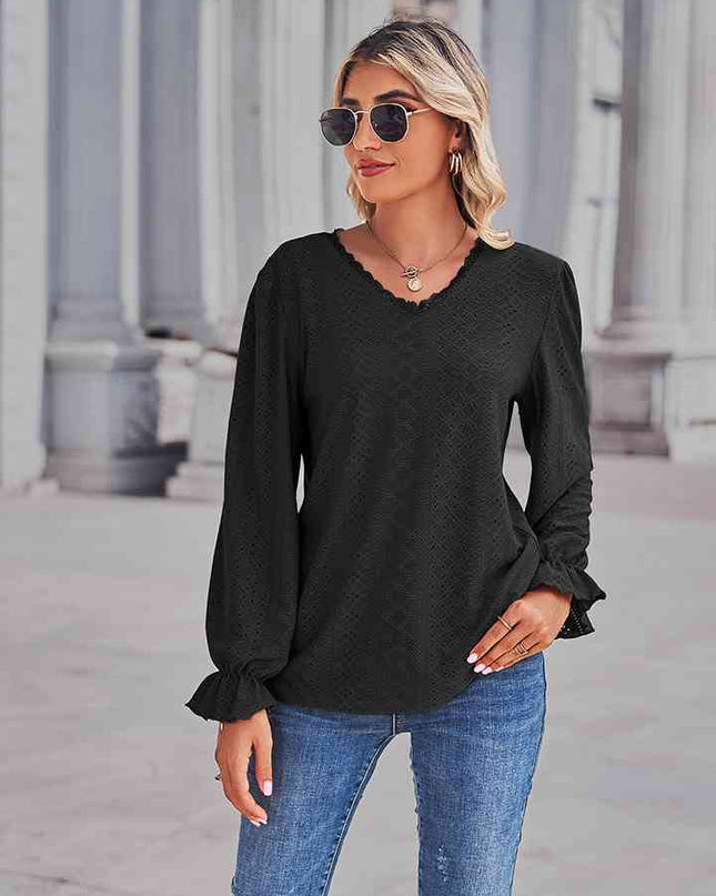 Eyelet V-Neck Flounce Sleeve Blouse