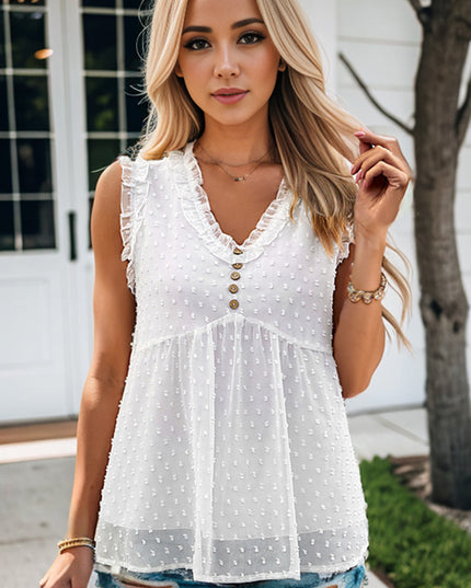 Swiss Dot Buttoned V-Neck Tank