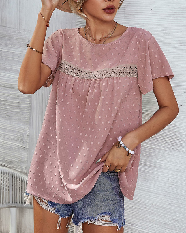 Swiss Dot Round Neck Flutter Sleeve Blouse