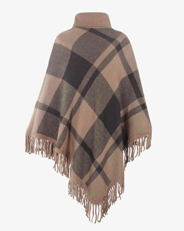 Plaid Turtleneck Fringe Hem Poncho