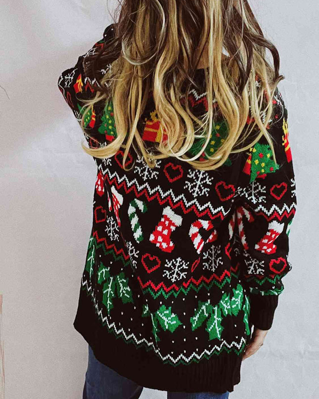 Printed Button Up V-Neck Long Sleeve Cardigan with Pockets