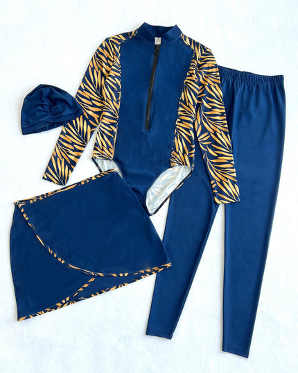 Cap, Printed Long Sleeve Swimwear, Pants and Mini Skirt Four-Piece Swim Set