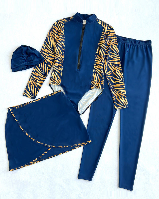 Cap, Printed Long Sleeve Swimwear, Pants and Mini Skirt Four-Piece Swim Set