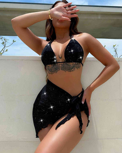 Glitter Halter Neck Backless Three-Piece Swim Set