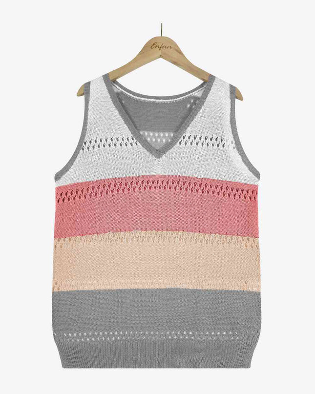 Striped Openwork V-Neck Knit Tank