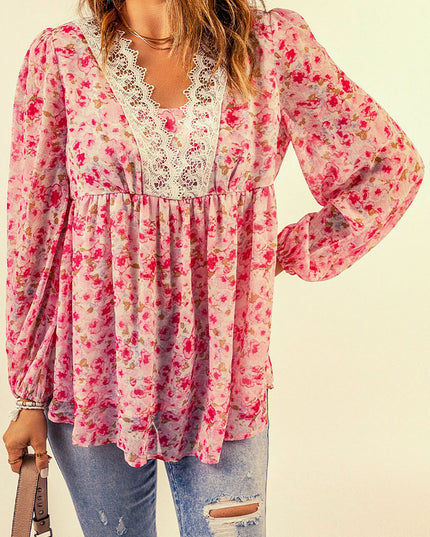Floral Lace Trim Balloon Sleeve Blouse