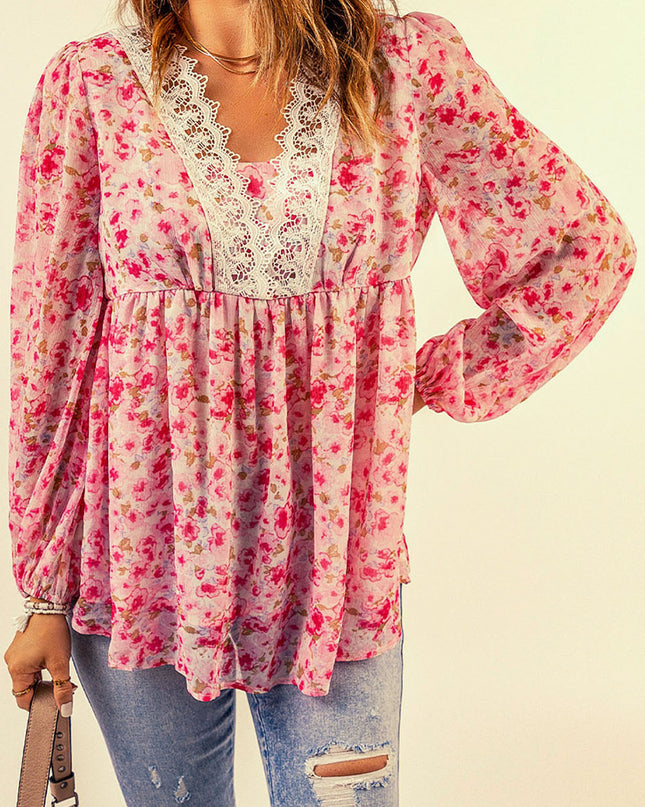 Floral Lace Trim Balloon Sleeve Blouse