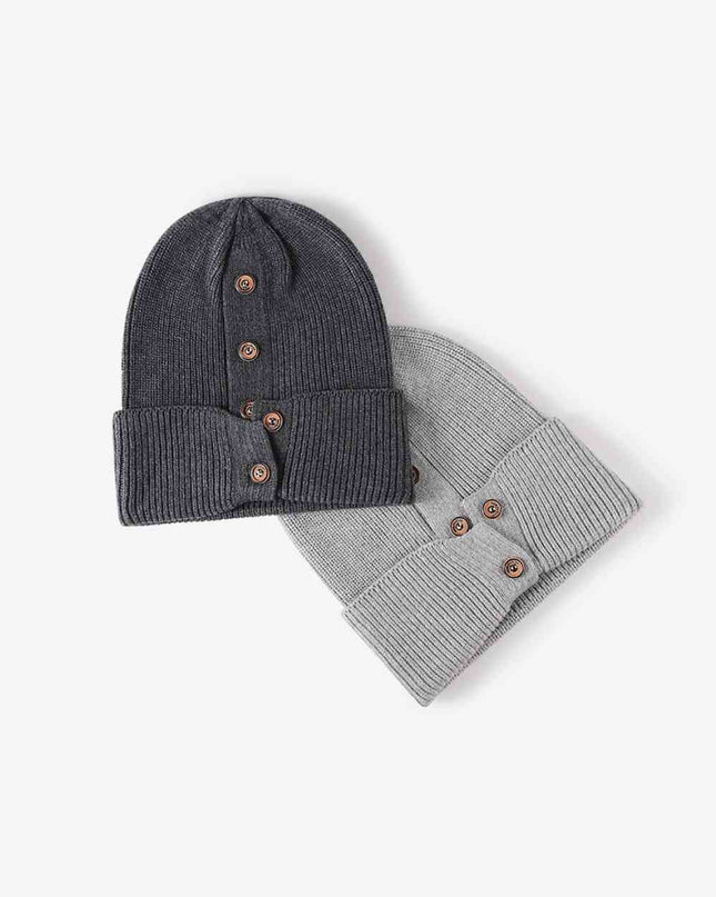 Button Detail Rib-Knit Cuff Beanie