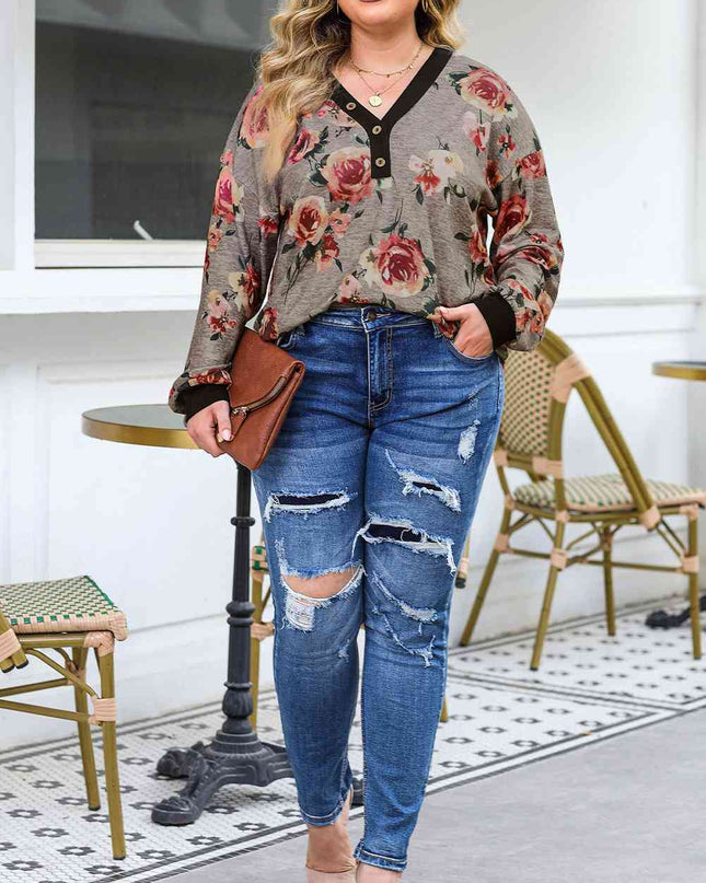Plus Size Floral V-Neck Blouse
