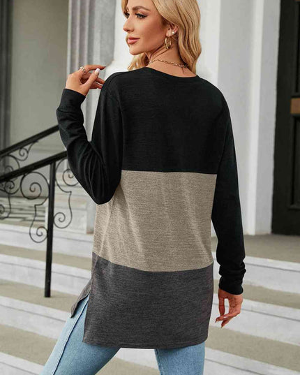Color Block Round Neck Long Sleeve Slit T-Shirt