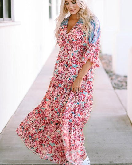 Deep V Three-Quarter Sleeve Maxi Dress