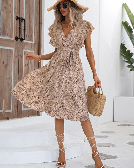 Printed Tie Waist Surplice Neck Dress