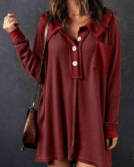 Waffle Knit Buttoned Long Sleeve Top with Breast Pocket