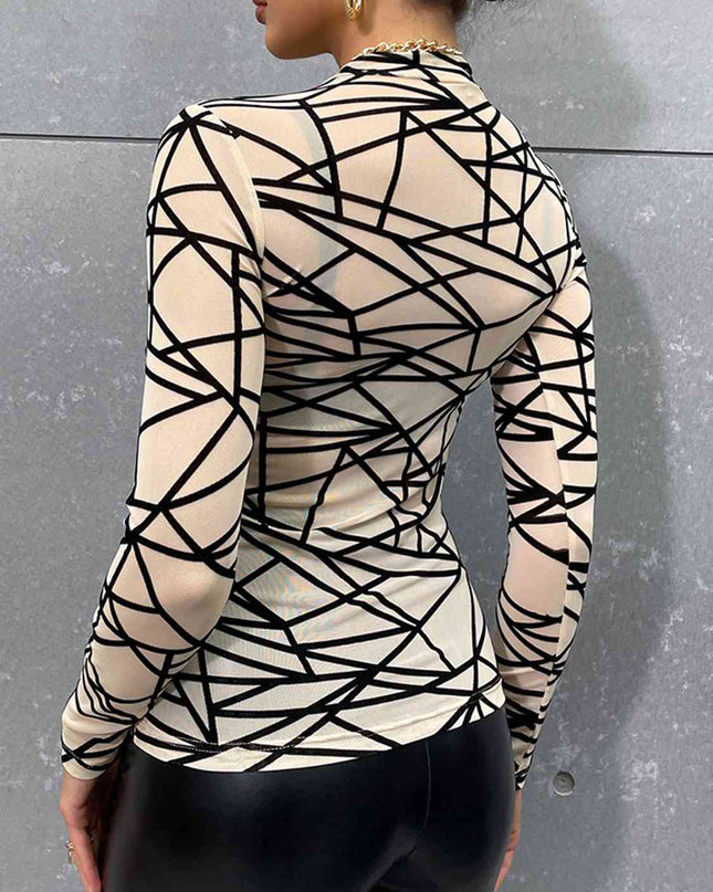 Geometric Mock Neck Long Sleeve Top