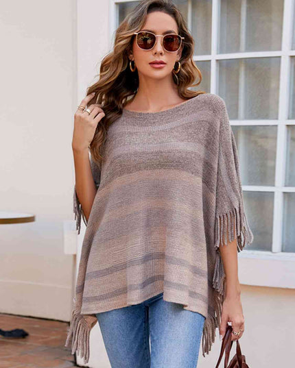 Striped Boat Neck Poncho with Fringes