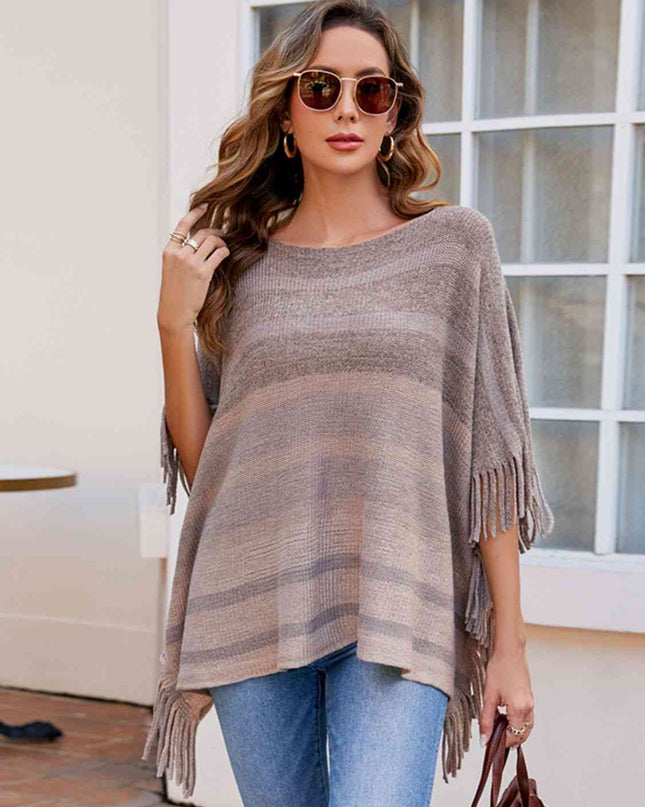 Striped Boat Neck Poncho with Fringes