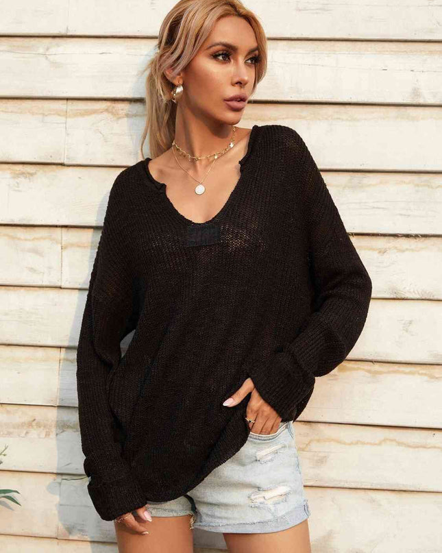 Notched Neck Slit Knit Top