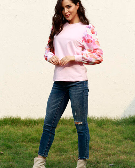 Floral Lantern Sleeve Round Neck Blouse