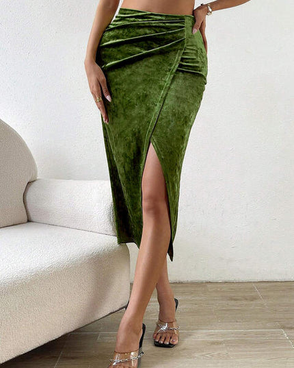 Ruched Front Slit Midi Skirt
