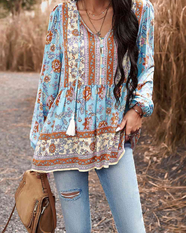Tassel Tie Long Sleeve Peplum Blouse