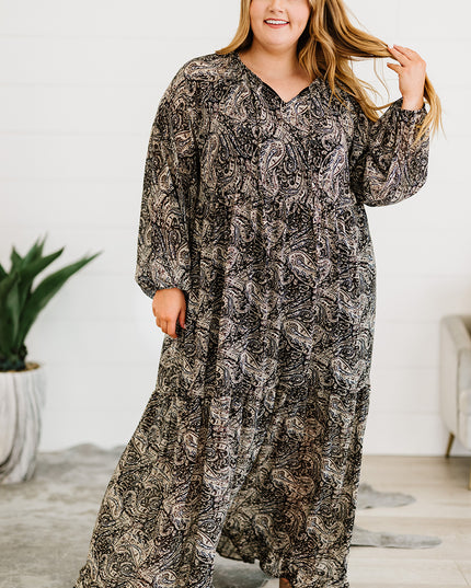 Plus Size Paisley Print Balloon Sleeve Maxi Dress