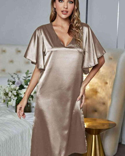 Satin Flutter Sleeve Side Slit V-Neck Night Dress