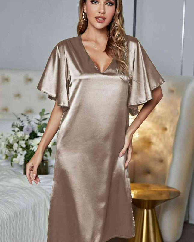 Satin Flutter Sleeve Side Slit V-Neck Night Dress