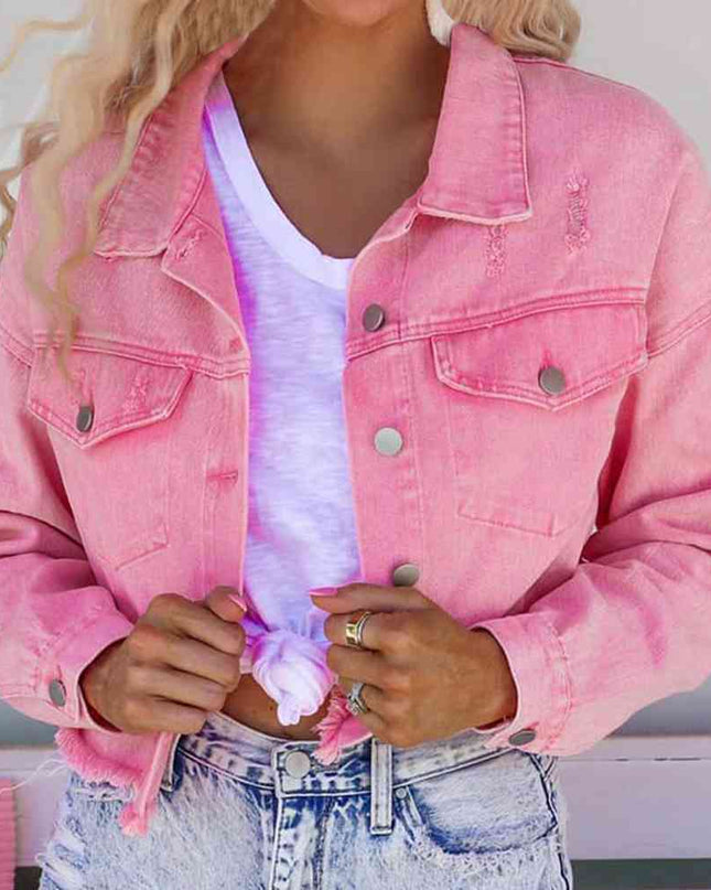 Distressed Raw Hem Dropped Shoulder Denim Jacket