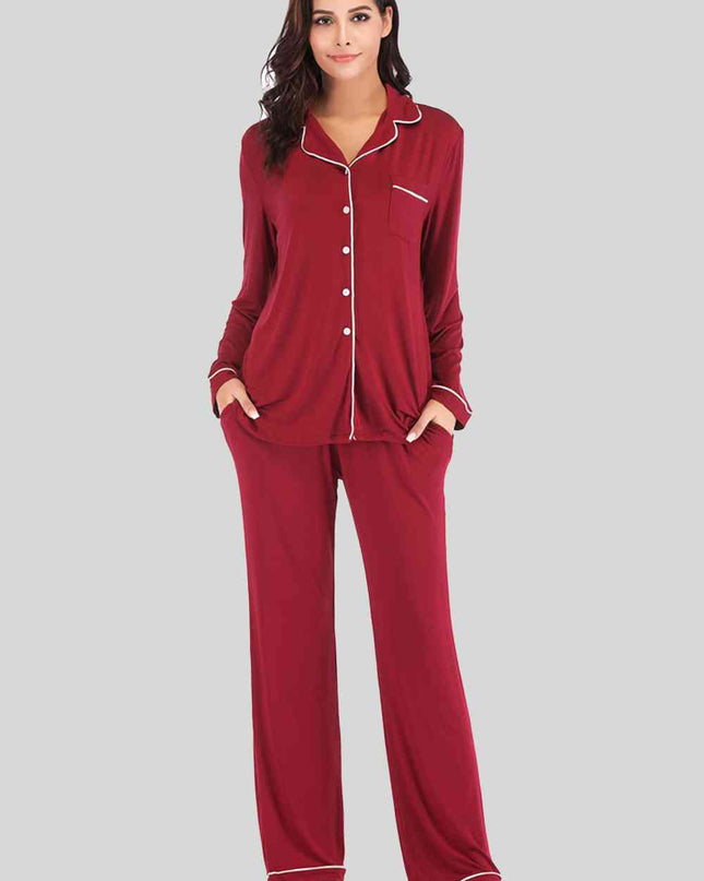Collared Neck Long Sleeve Loungewear Set with Pockets