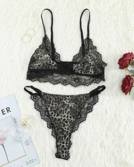 Leopard Print Spliced Lace Bra and Panty Set