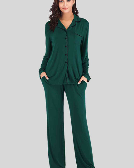 Collared Neck Long Sleeve Loungewear Set with Pockets