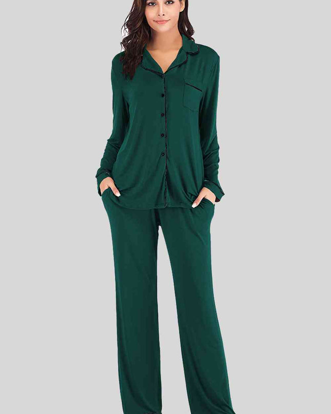 Collared Neck Long Sleeve Loungewear Set with Pockets