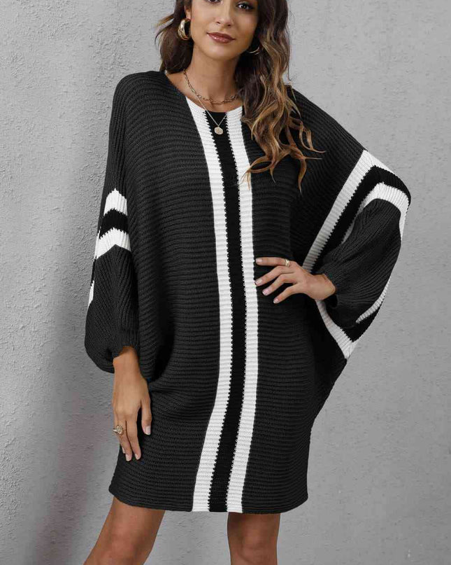 Ribbed Round Neck Long Sleeve Sweater Dress