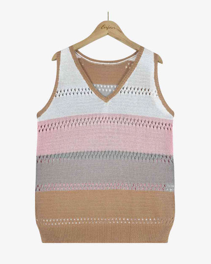 Striped Openwork V-Neck Knit Tank