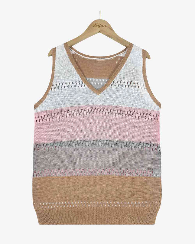 Striped Openwork V-Neck Knit Tank