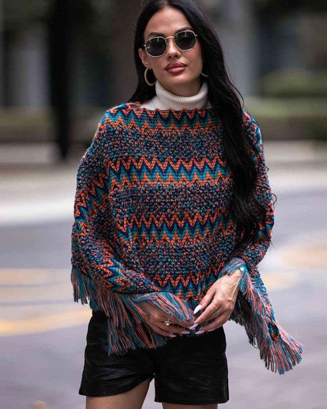 Fringe Hem Boat Neck Poncho