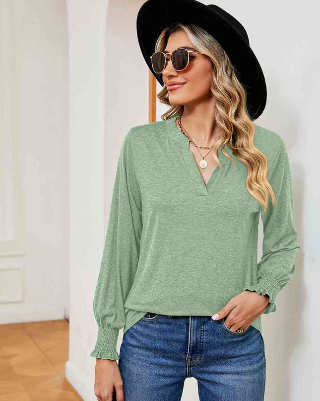 Notched Neck Long Sleeve Blouse