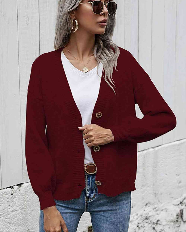 V-Neck Button-Down Dropped Shoulder Cardigan