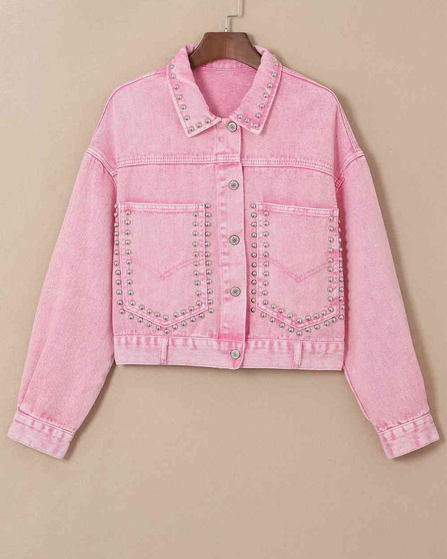Studded Collared Neck Denim Jacket with Pockets