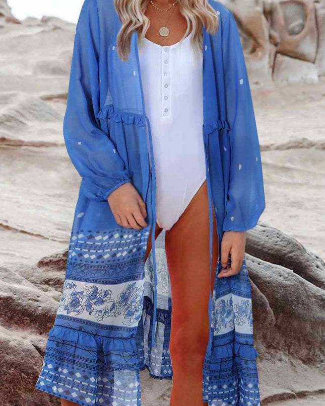 Printed Long Sleeve Tie Front Cover Up