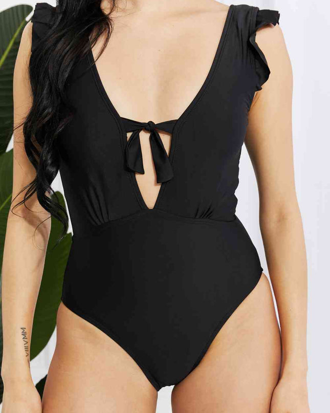 Marina West Swim Seashell Ruffle Sleeve One-Piece in Black