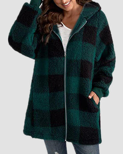 Plaid Zip Up Hooded Jacket with Pockets